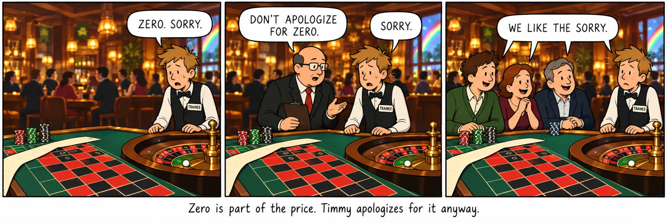 El zero és part del preu. Timmy se'n disculpa igualment.